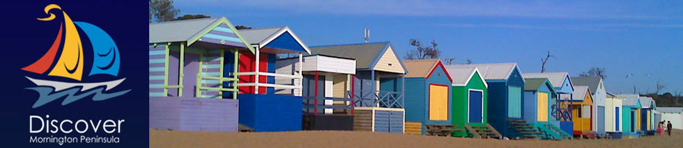 Discover Mornington Peninsula Logo and Picture of Beach Huts on Mount Martha Beach